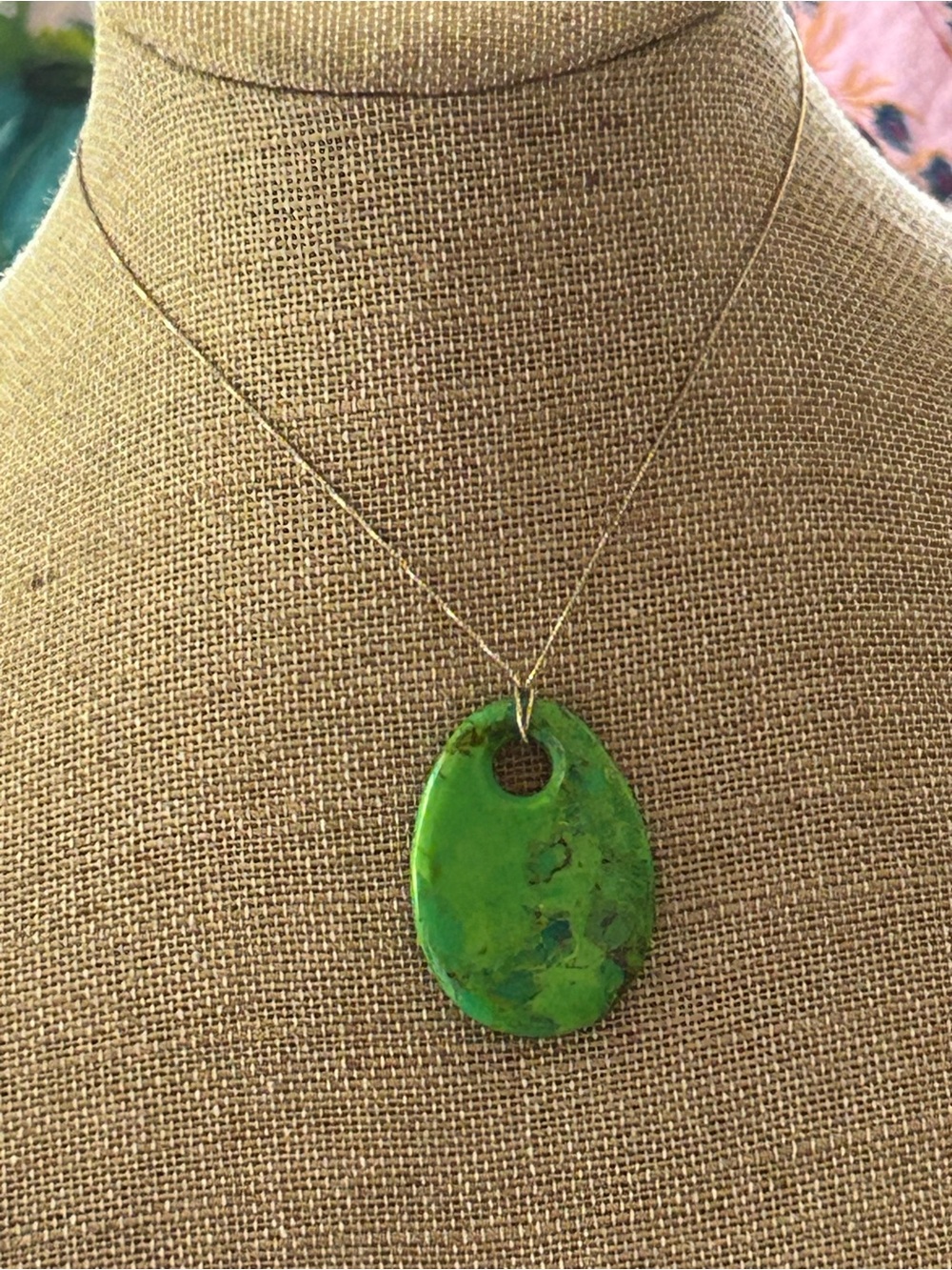 Large 2” Green Turquoise pendant and Italian Sterling Silver vermeil chain